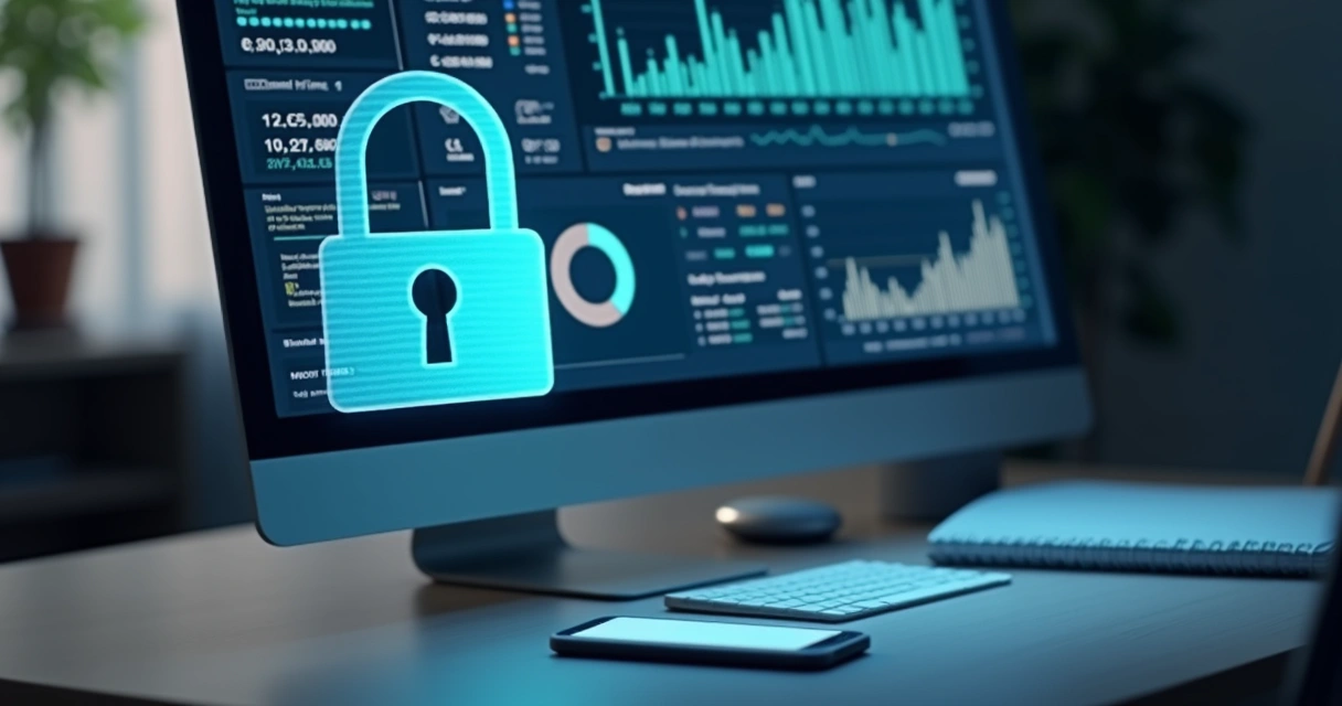 Cadeado digital protegendo dados em tela de computador 