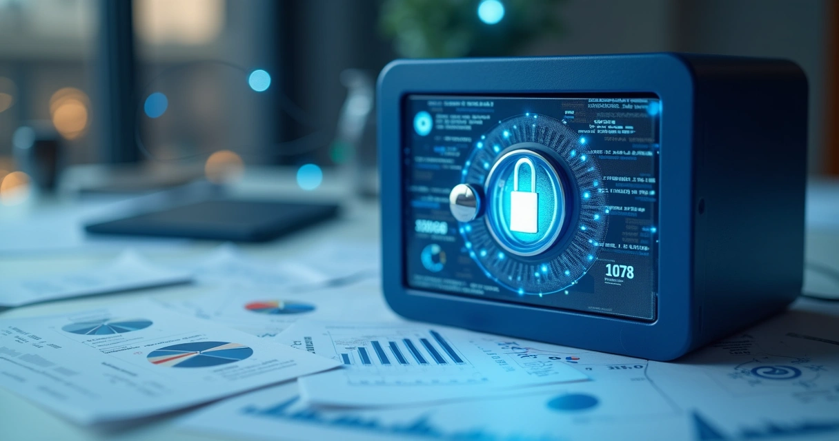 Cofre digital azul com cadeado brilhante sobre tabela de números 