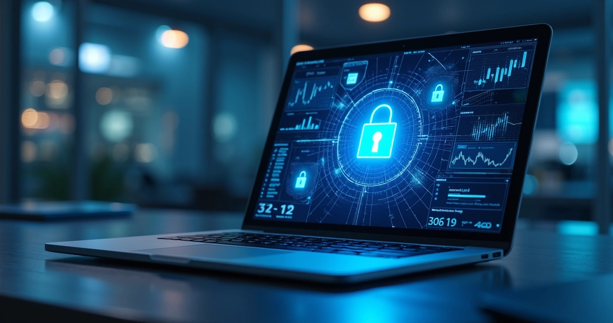 Computador com tela exibindo cadeado digital e gráficos financeiros com elementos de segurança digital