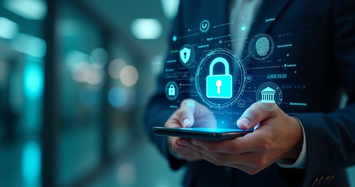 Pessoa usando smartphone com cadeado digital e ícones de segurança financeira ao redor 