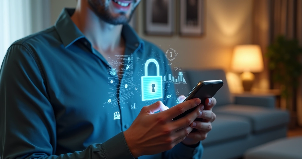 Homem usando aplicativo de finanças no celular com tela destacando cadeado digital 