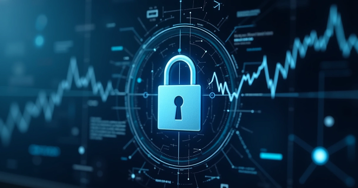 Painel digital com cadeado e gráficos de segurança financeira 