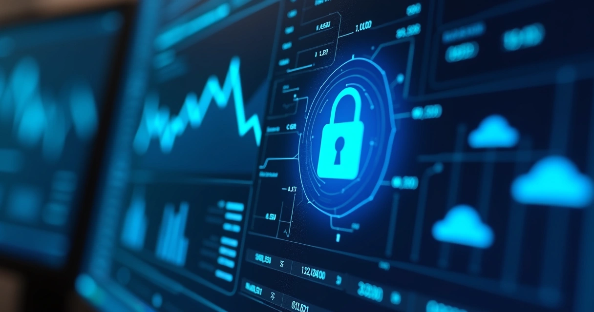 Cadeado digital protegendo dados financeiros em tela de computador 