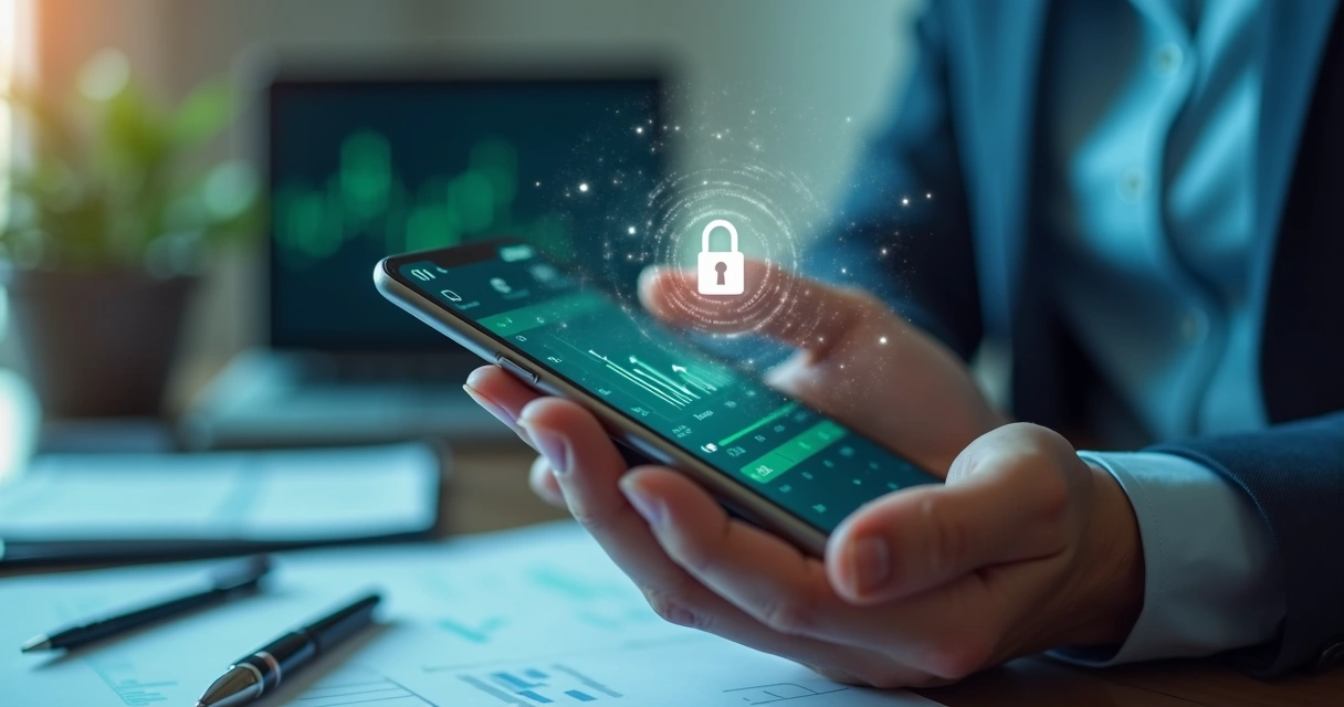 Mão segurando um smartphone exibindo aplicativo WhatsApp com gráficos financeiros na tela e cadeado digital flutuando à frente 