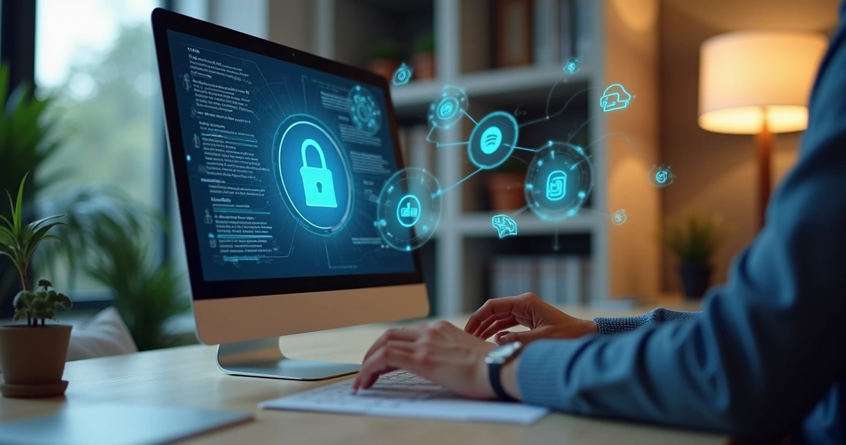 Pessoa usando computador com tela mostrando cadeado digital e documentos 