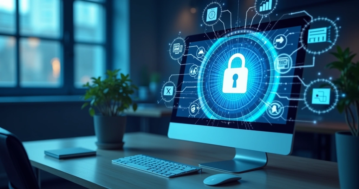 Tela mostrando cadeado digital com gráficos fiscais ao fundo 