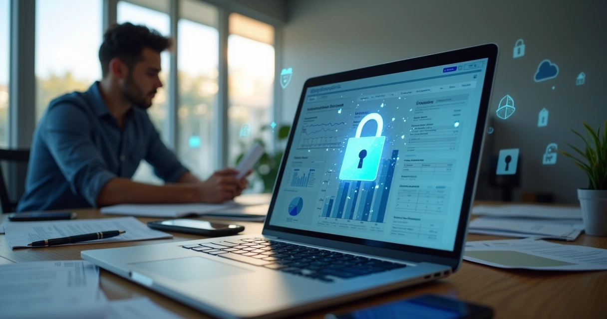 Empresário analisando dados fiscais em laptop protegido por cadeado digital 