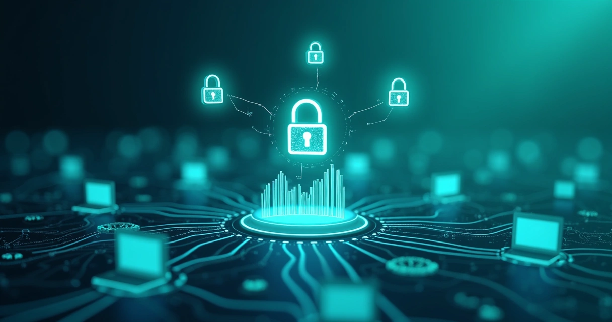 Ícones digitais de cadeado sobre gráficos entre computadores e pastas de documentos