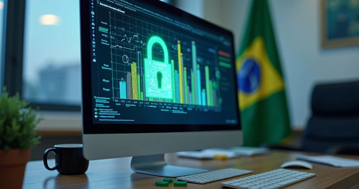 Tela de computador mostrando cadeado digital e gráficos, simbolizando a segurança dos dados do gabinete. 