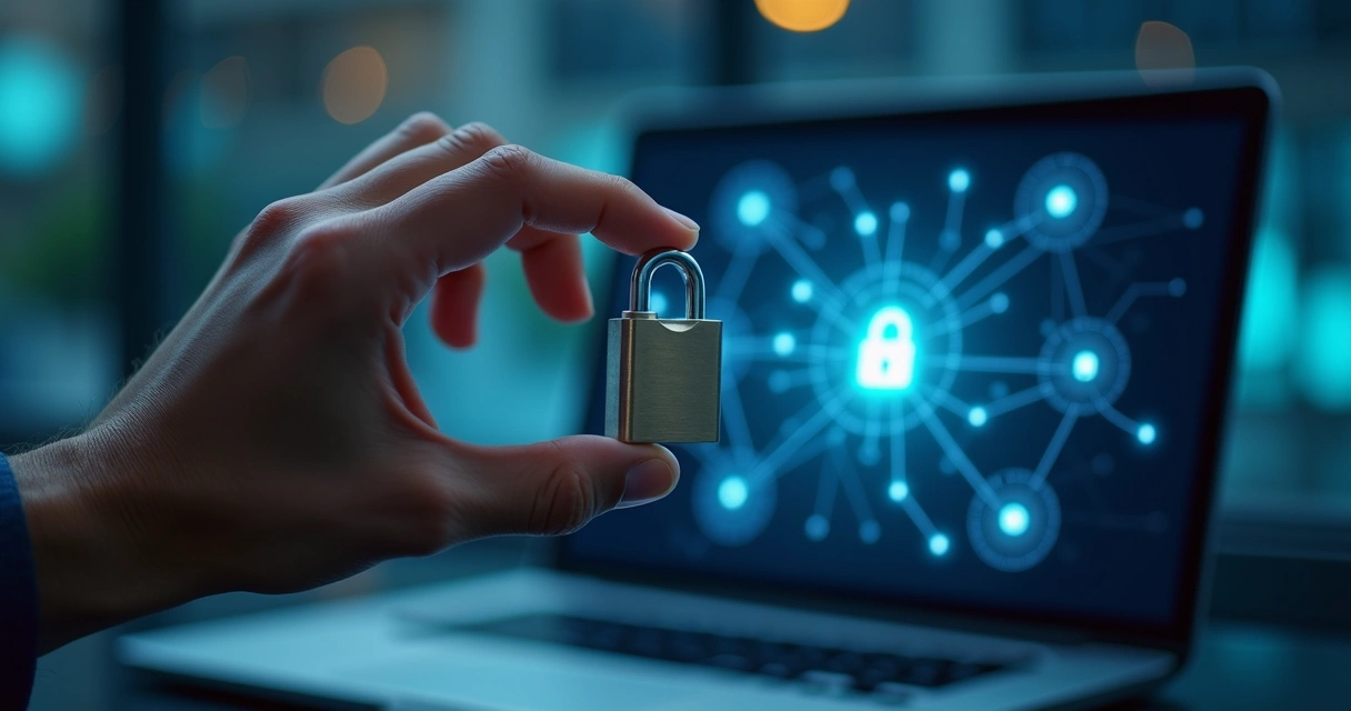 Mão segurando chave-digital diante de tela com cadeado e ícones de dados 