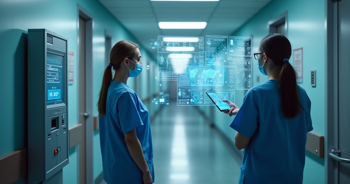 Equipe hospitalar usando autenticação digital em equipamento