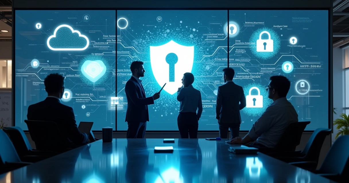 Ilustração de profissionais analisando proteção digital em ambiente corporativo. 