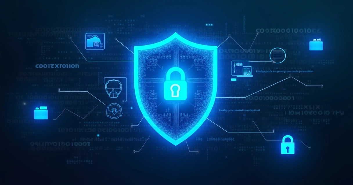 Ilustração de proteção de dados com IA gerando escudo digital azul 