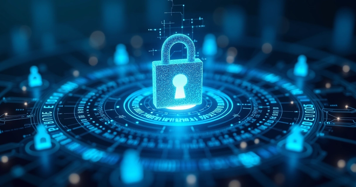 Conceito de segurança de dados com camadas de proteção digital e cadeado central azul 