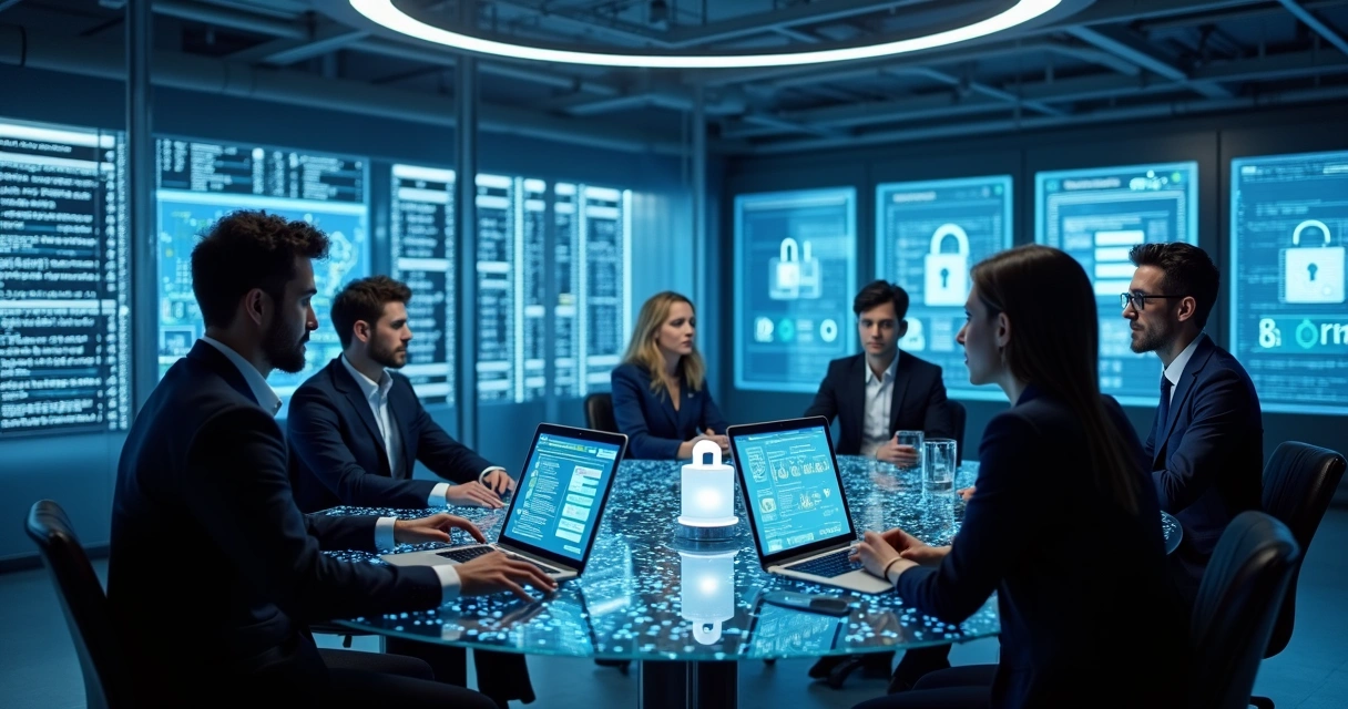 Equipe de TI discutindo segurança de dados em sala de tecnologia 
