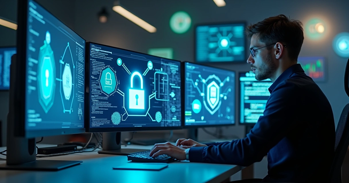 Ícones de escudo e cadeado representando segurança de dados em telas de computador 