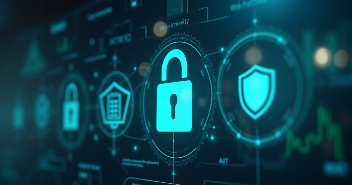 Ícones de cadeado e escudo sobre um fundo digital representando a segurança de dados na imobiliária 