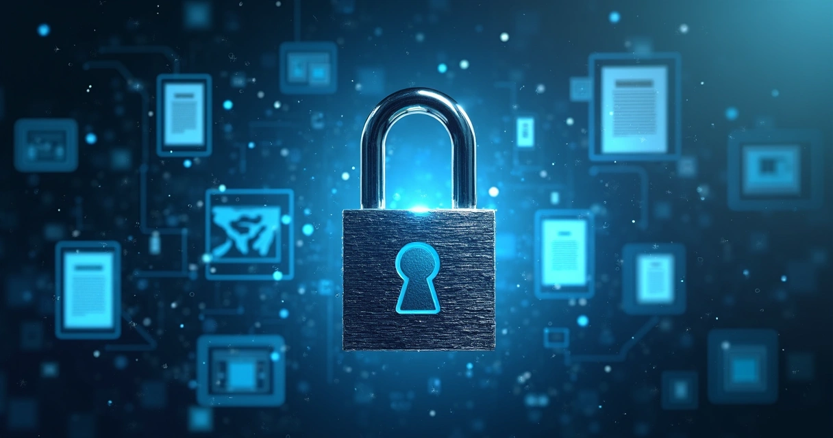 Gráfico de segurança digital com cadeado e documentos virtuais protegidos 