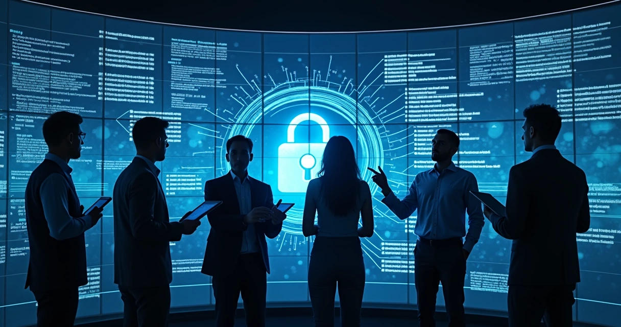 Equipe analisando dados industriais protegidos em painéis digitais com cadeado na tela 