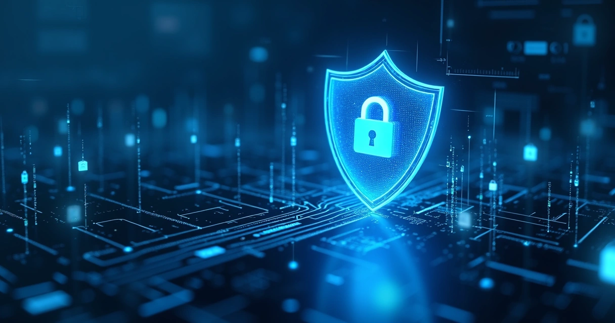Abstração de dados sendo protegidos por escudo digital azul 