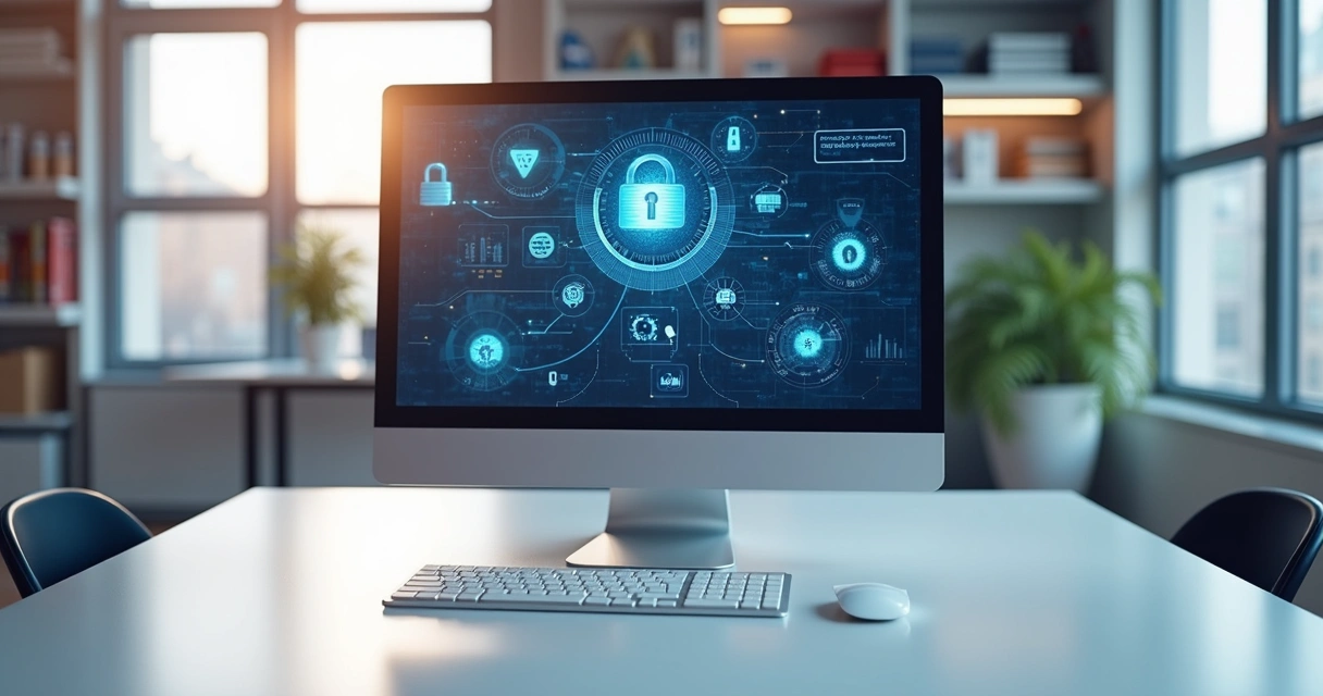 Computador com tela exibindo gráficos de segurança de dados e integrações em ambiente de varejo digital 