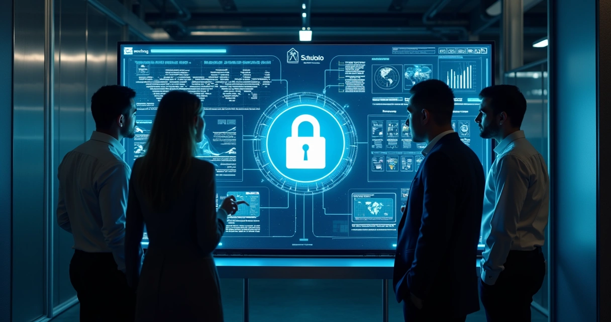 Equipe de TI analisando segurança de dados em painel digital 