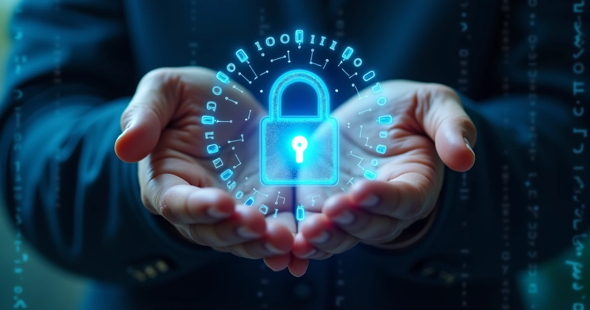 Mãos segurando ícone de cadeado digital representando segurança de dados 