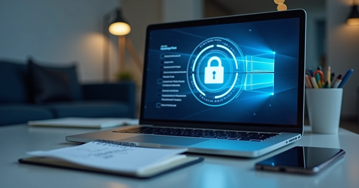 Tela de notebook com cadeado digital e anotações de segurança 