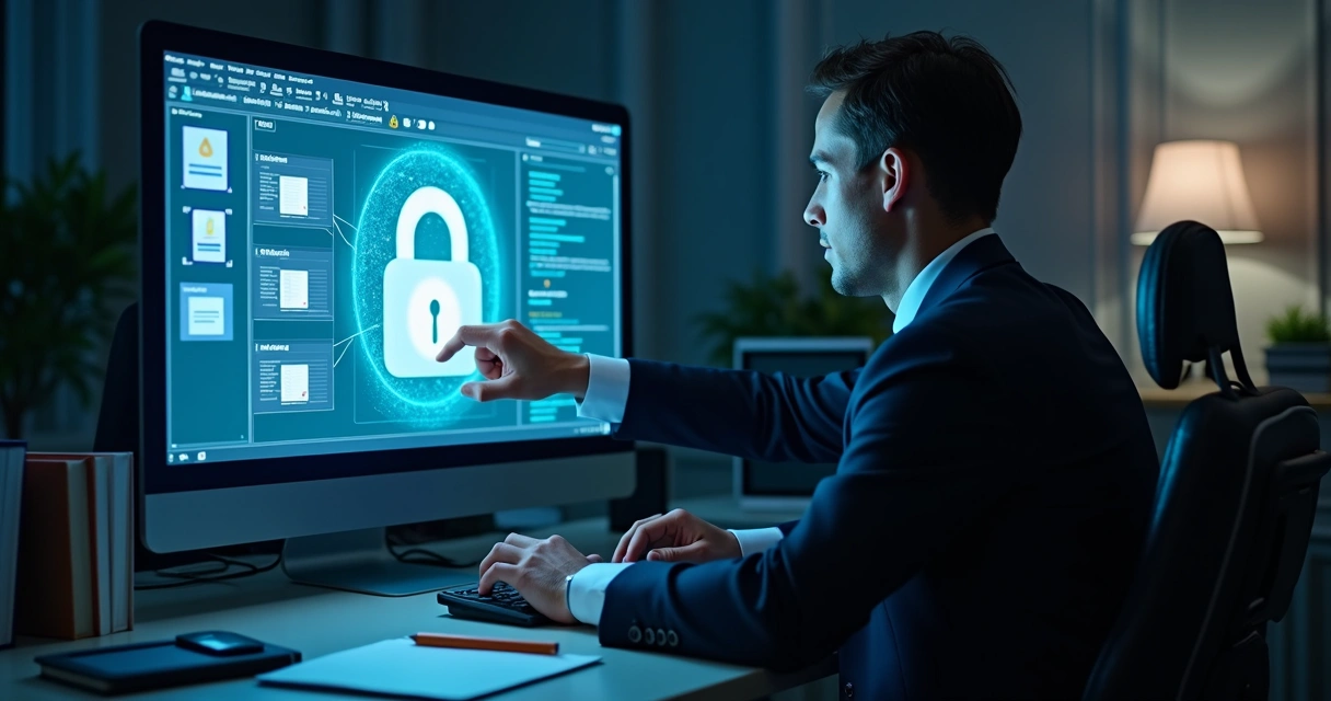 Advogado revisando documentos digitais em uma tela de computador, ajustando configurações de segurança 