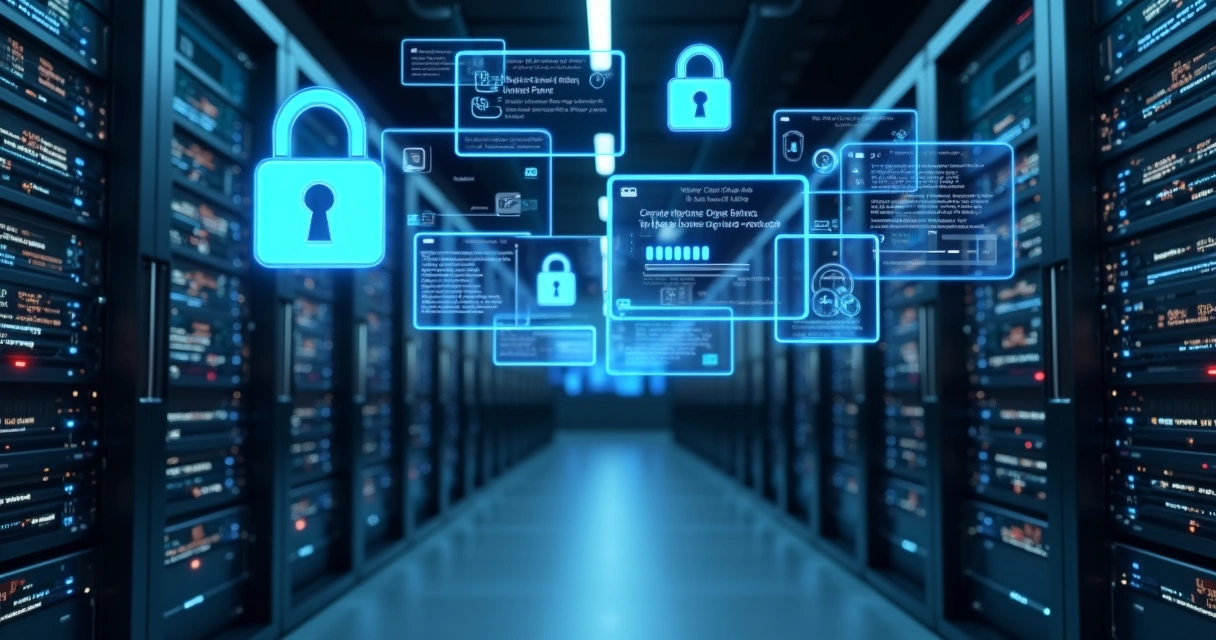 Data center moderno com símbolos de cadeado digitais em telas.