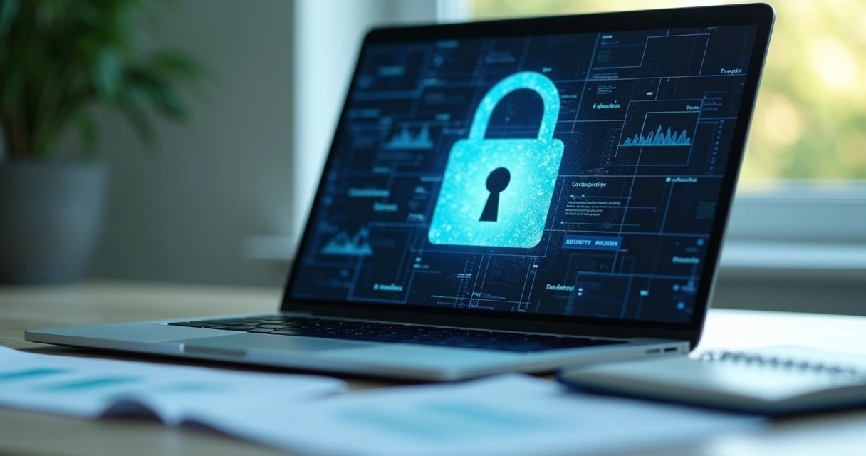 Tela de computador exibindo cadeado e dados protegidos 