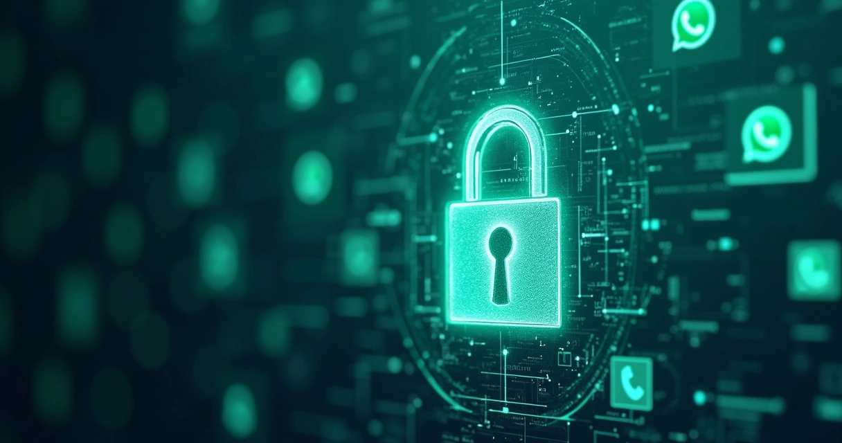 Ícones de cadeado digital e dados protegidos em interface de WhatsApp 