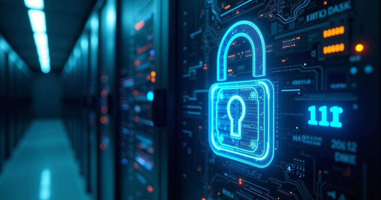 Servidor de dados protegido por cadeado digital representando segurança em empresas 