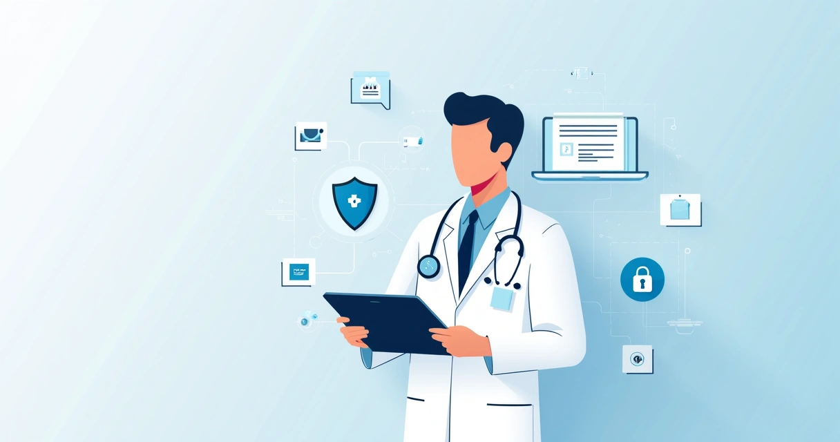 Médico acessa prontuário eletrônico em tablet com ícones de privacidade e segurança ao fundo. 