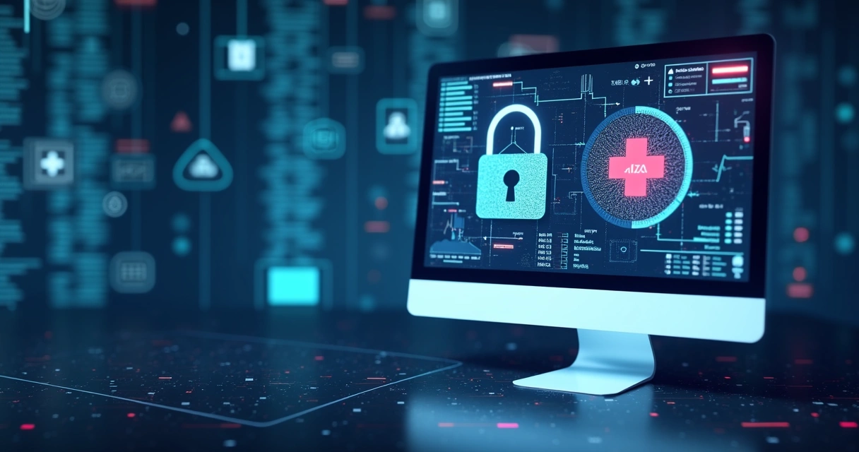 Representação de segurança digital com ícones de cadeado e cruz vermelha sobre tela de computador 