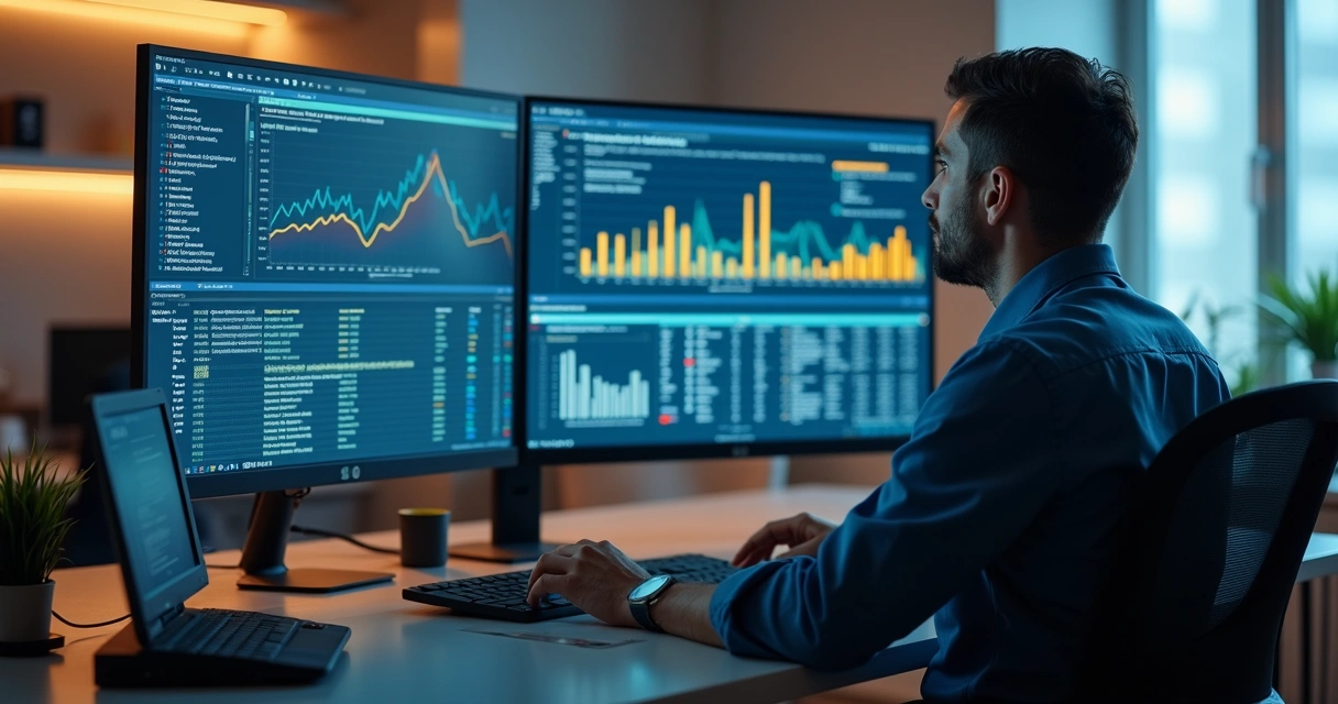 Profissional de TI analisando dados em tela com gráficos de segurança 