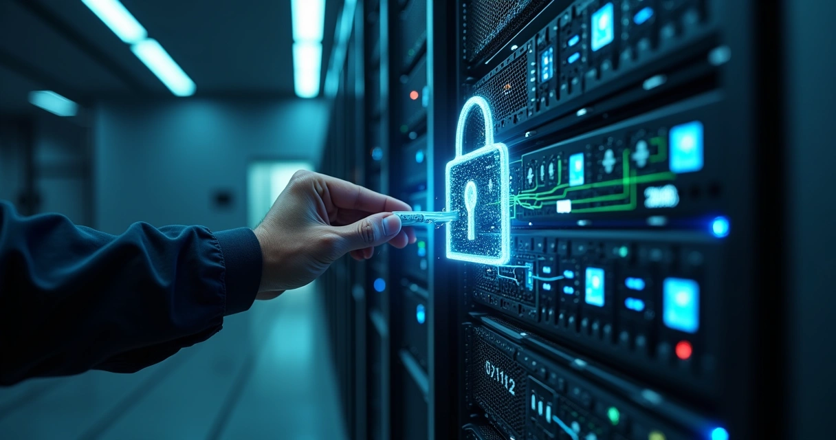 Servidor de dados com cadeado e transferências de backup ocorrendo 