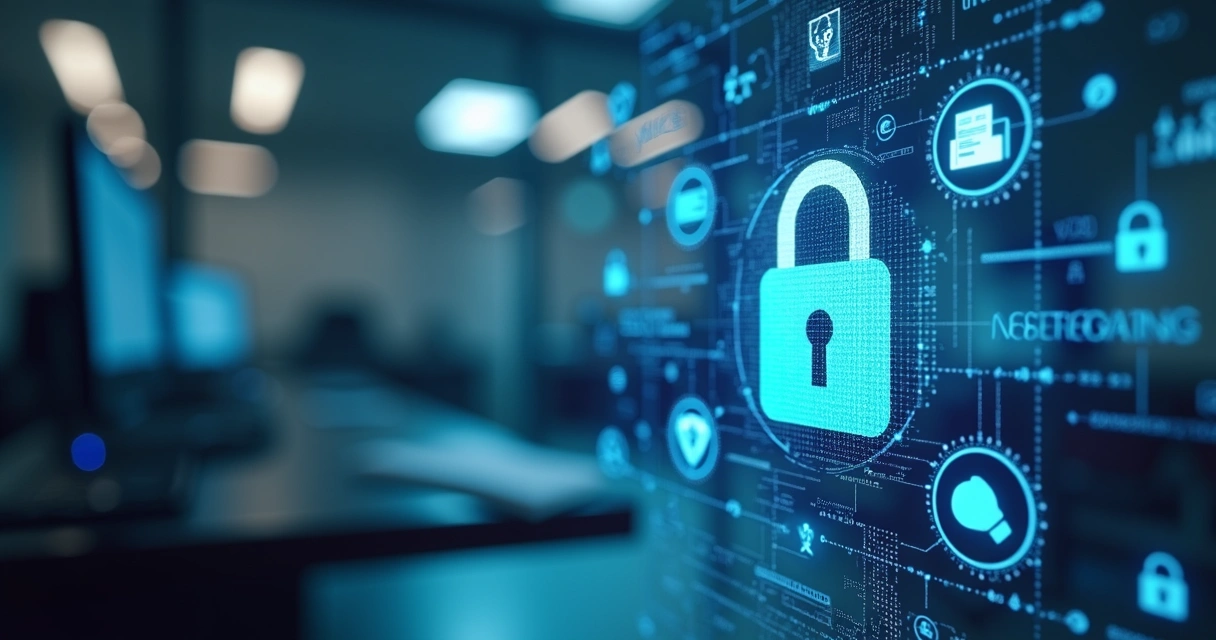 Ícones de cadeado e proteção de dados em ambiente corporativo digital 