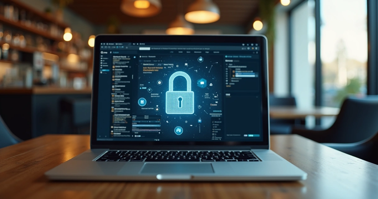 Tela de laptop com Notion aberto e cadeado digital 