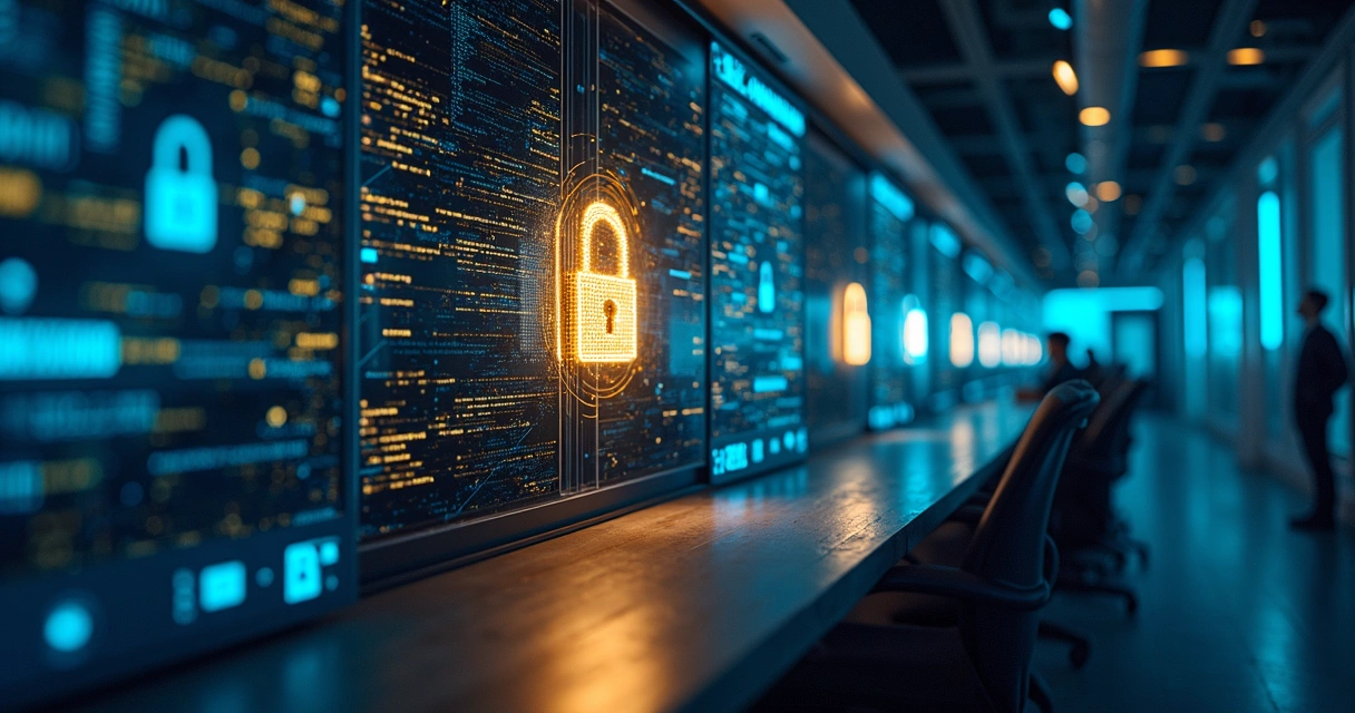 Conceito de segurança de dados representado por cofres digitais envoltos de cadeados e fluxos de dados criptografados em tons escuros e detalhes dourados. 