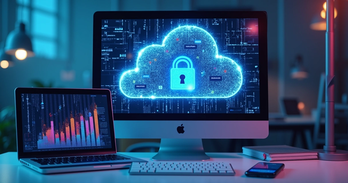 Computador e smartphone exibindo gráficos de segurança digital com nuvem de dados ao fundo 