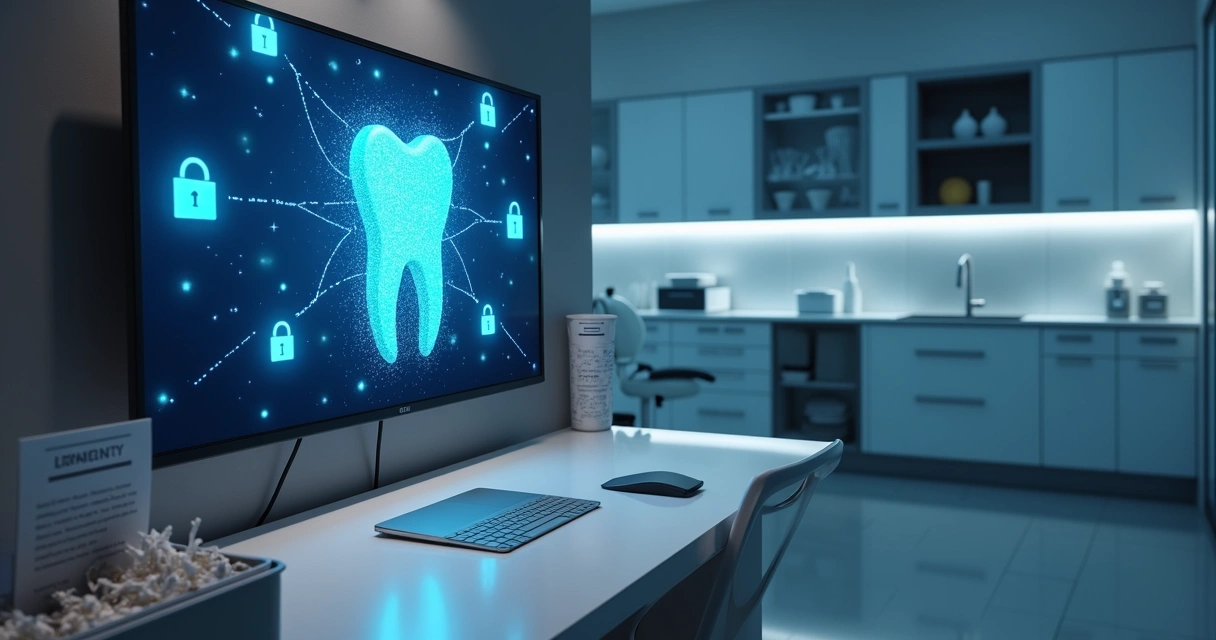 Tela com dente digital cercado por ícones de cadeado e arquivos na clínica odontológica 