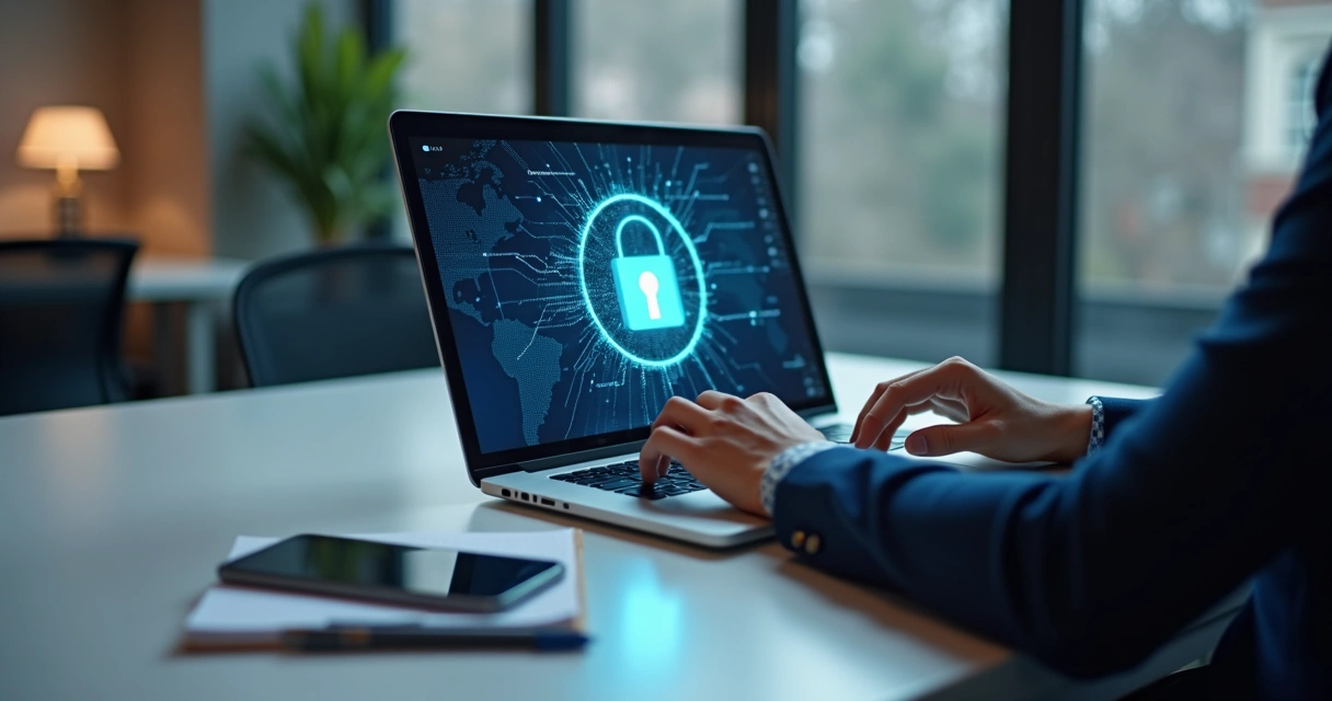 Pessoa usando laptop com tela mostrando cadeado de segurança digital 