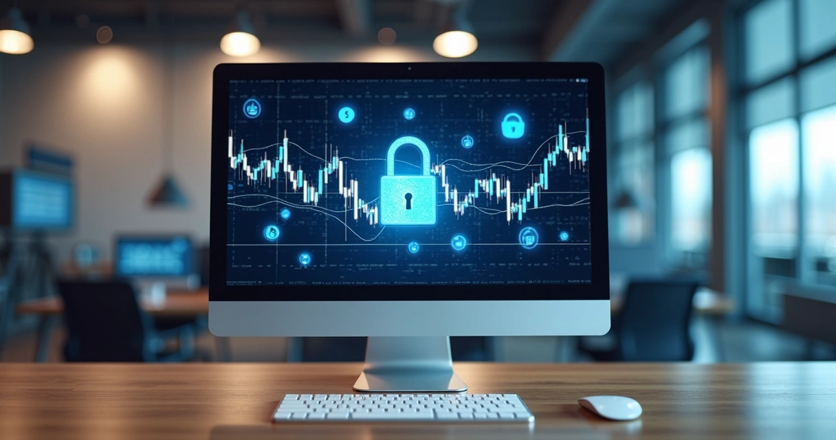 Computador moderno com tela exibindo gráficos de segurança e proteção de dados bancários 