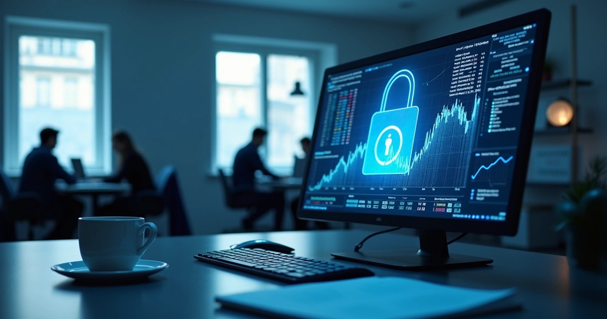 Tela de computador mostrando dados bancários protegidos por ícones de cadeado e escudo, em ambiente de escritório moderno. 