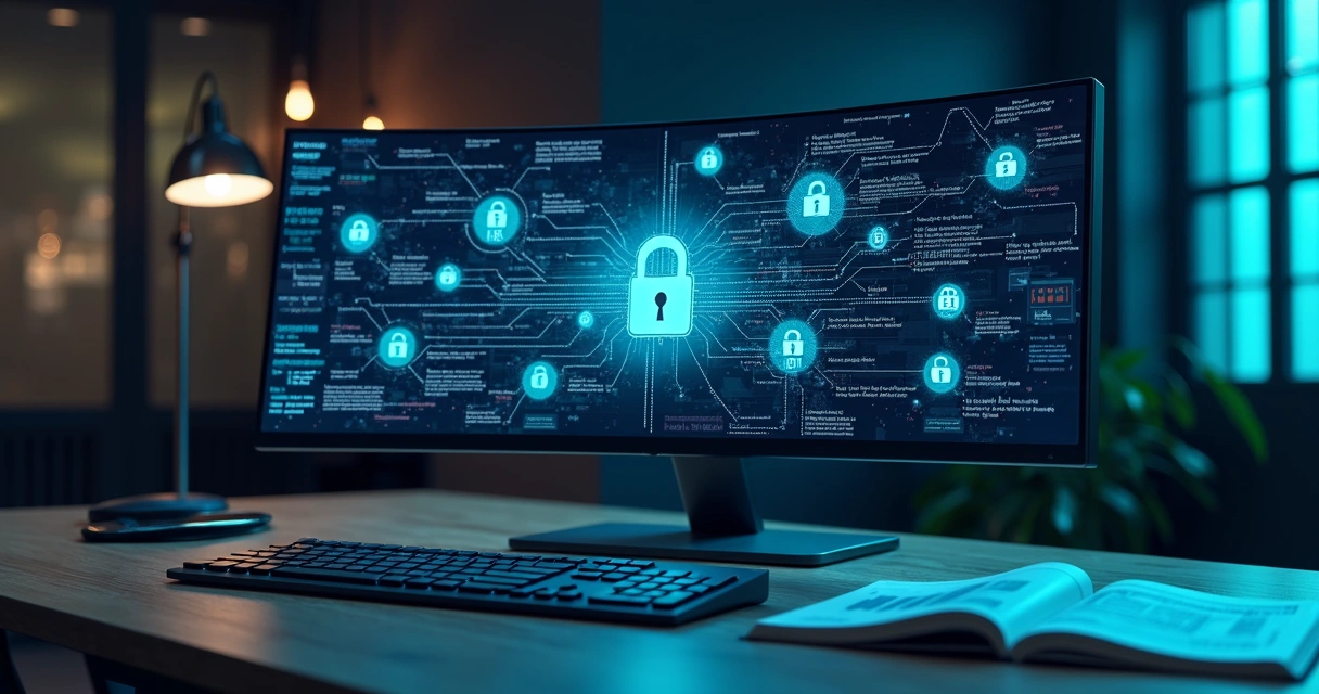 Tela de computador mostrando gráficos de segurança digital com cadeado e conexões bancárias protegidas 