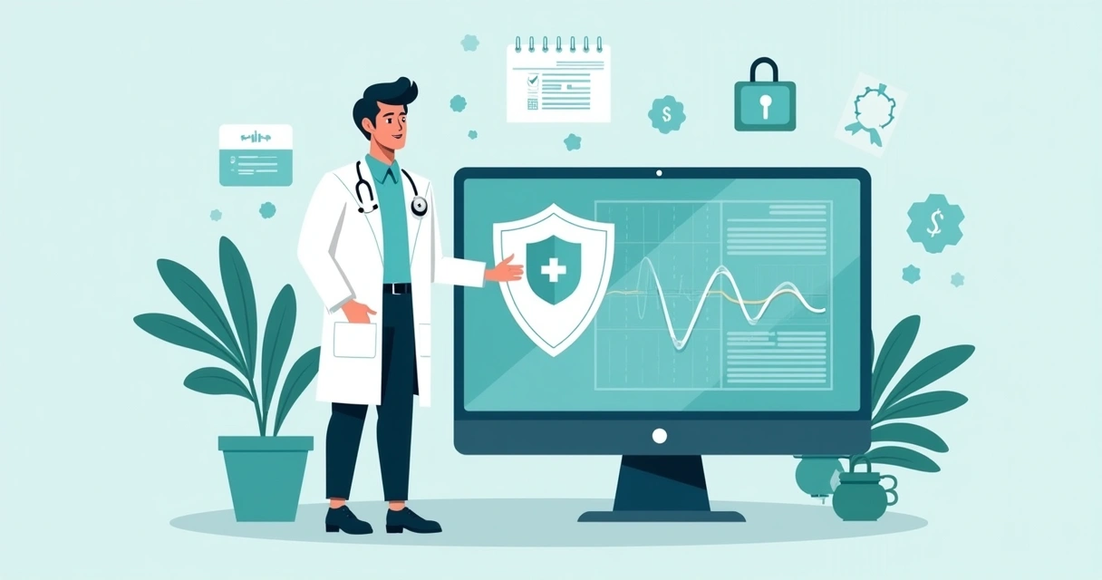 Ilustração corporativa plana de médico protegendo dados digitais de pacientes em tela de computador 