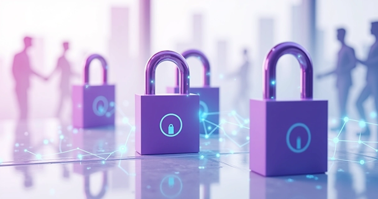Ícones de segurança e permissões digitais sobre fundo de dashboard de parcerias 