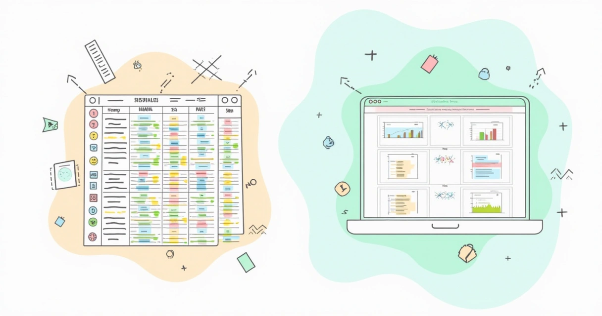 Duas telas, uma com planilha bagunçada e outra com software organizado 