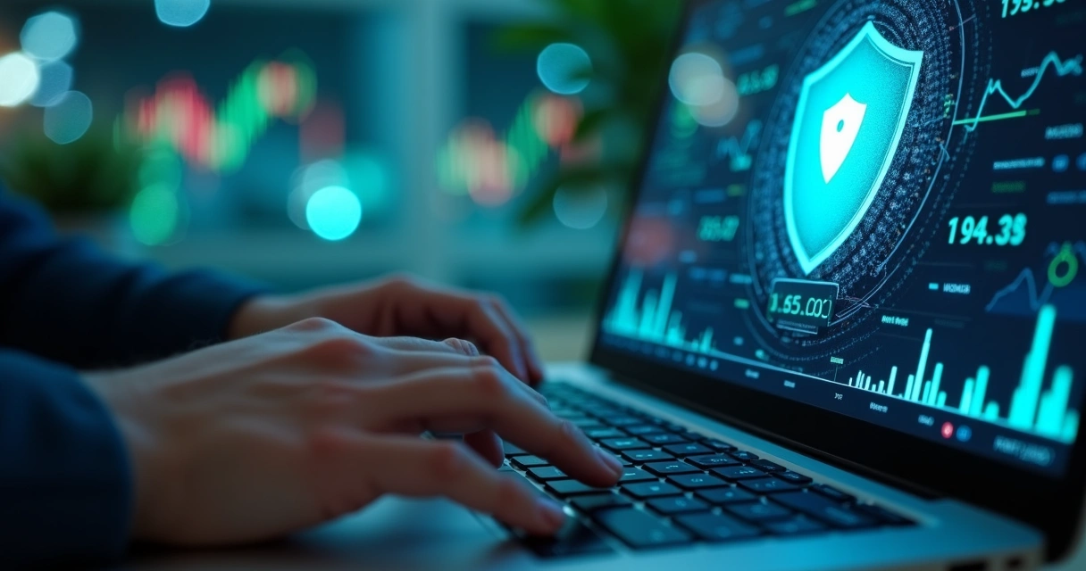 Mãos digitando senha em teclado com tela de proteção digital atrás